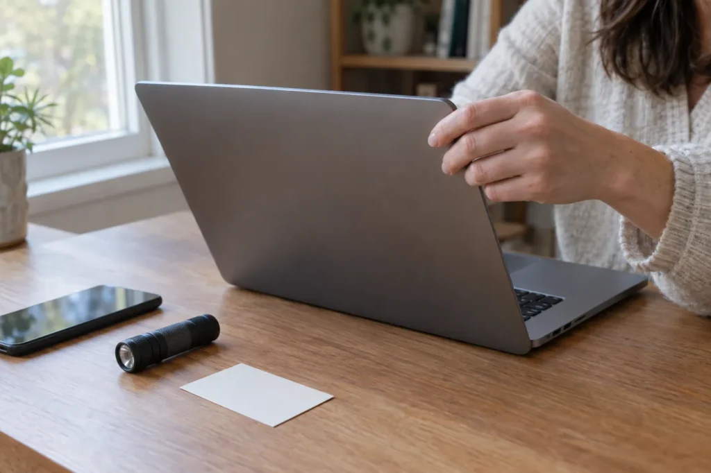 Laptop, phone, flashlight and a plain card set up on a desk by a window before a video visit