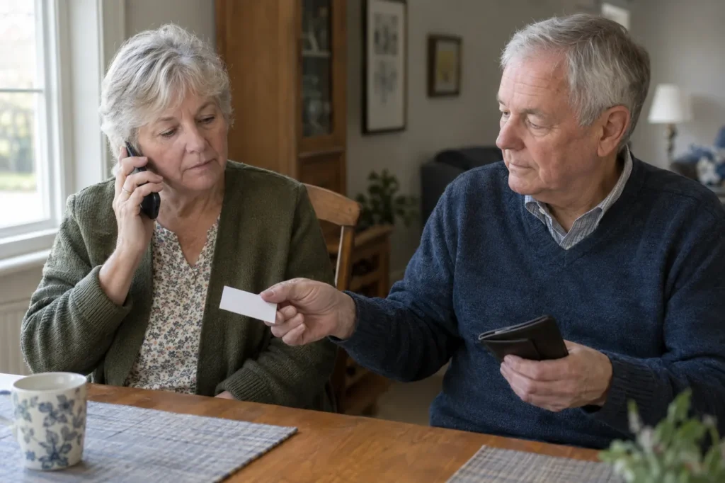 Retired couple at their dining table calling to check telehealth coverage with a plain card