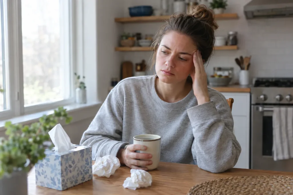 Woman at her kitchen table with tea and tissues as a cold sets in