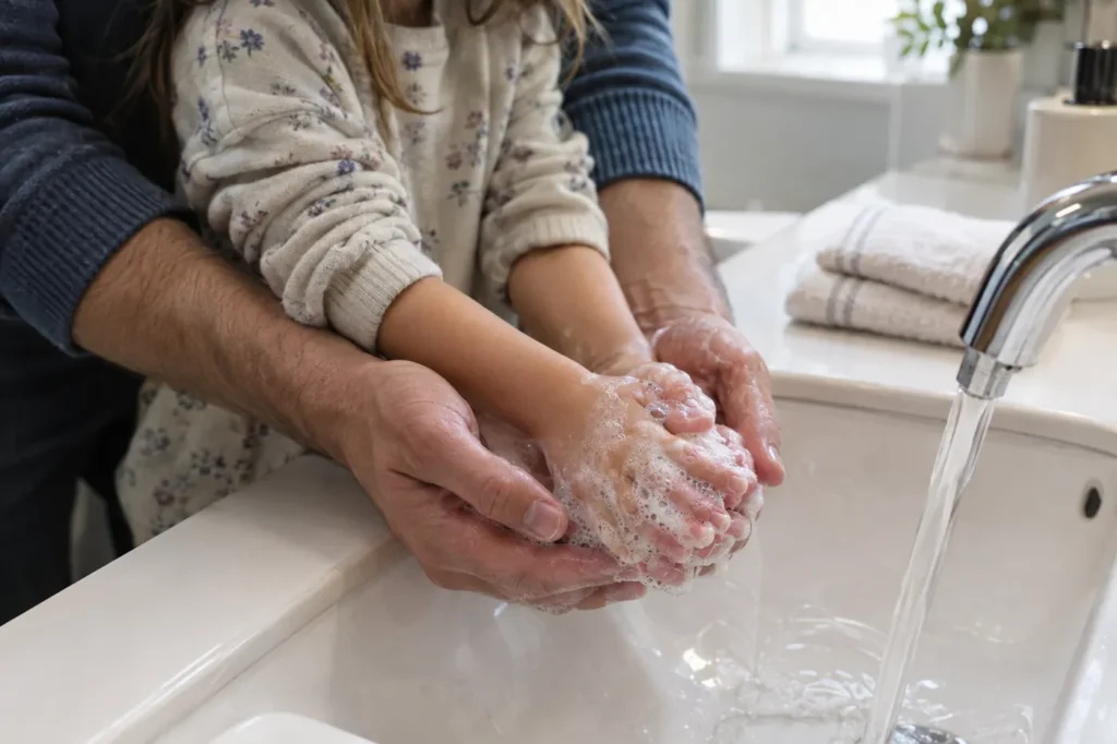 Parent and young child washing their hands with soap at a bathroom sink