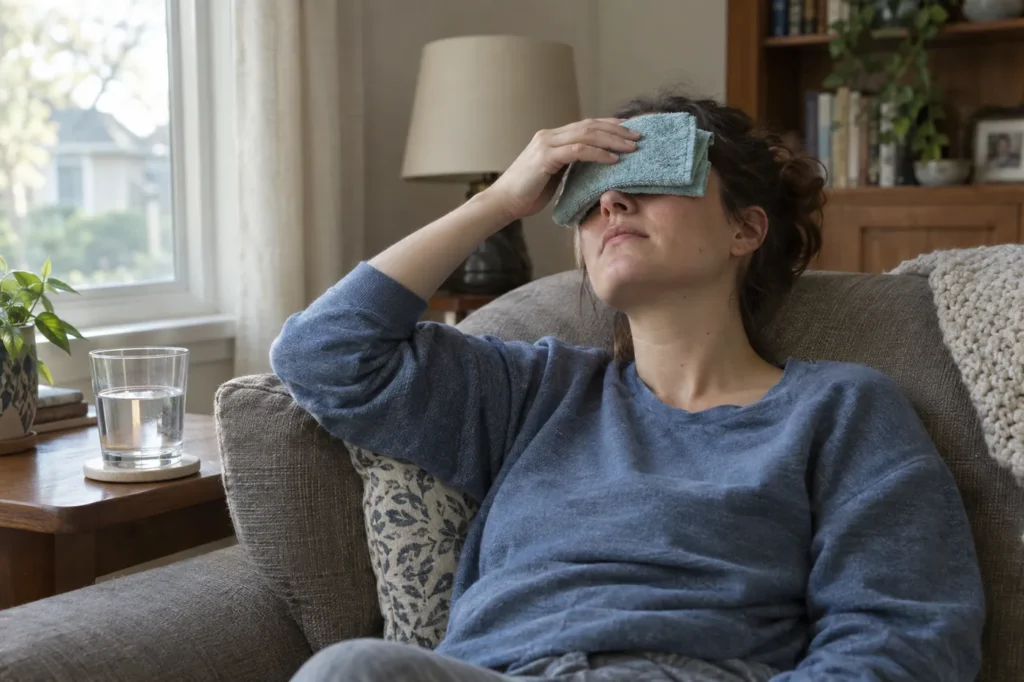 Woman resting at home with a cool washcloth over her closed eyes