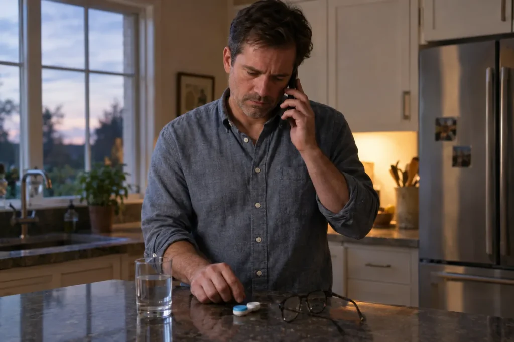 Man on the phone at his kitchen counter beside a contact lens case and glasses