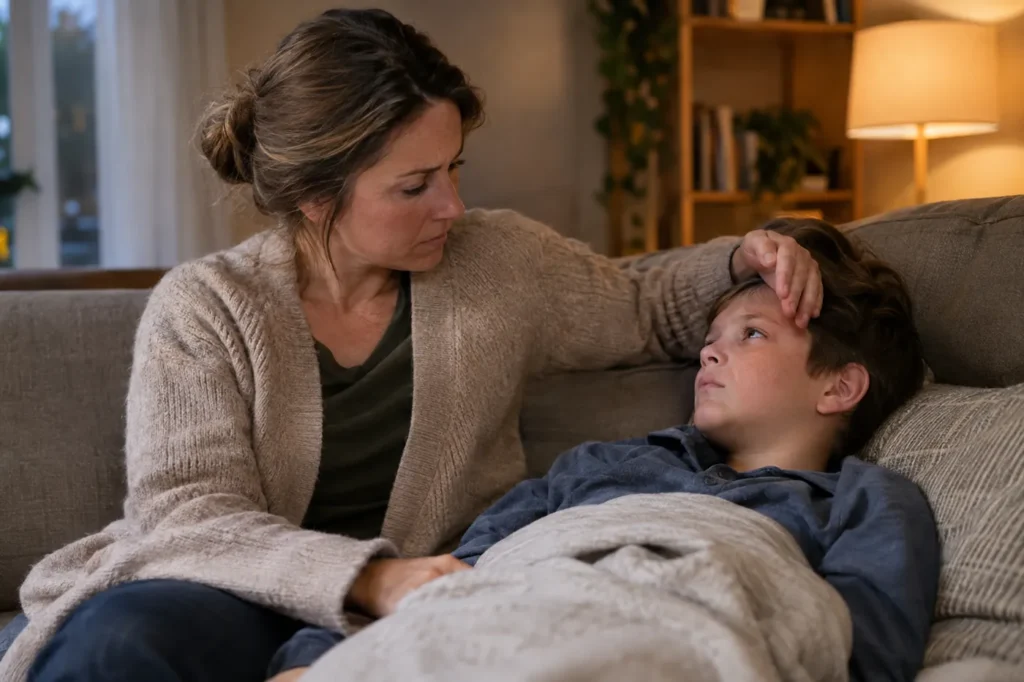 Mother feeling her son's forehead as he rests under a blanket on the sofa in the evening