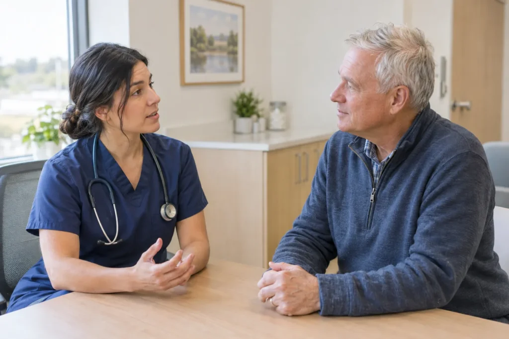 Clinician talking with an older man at a consultation desk in a bright urgent care clinic