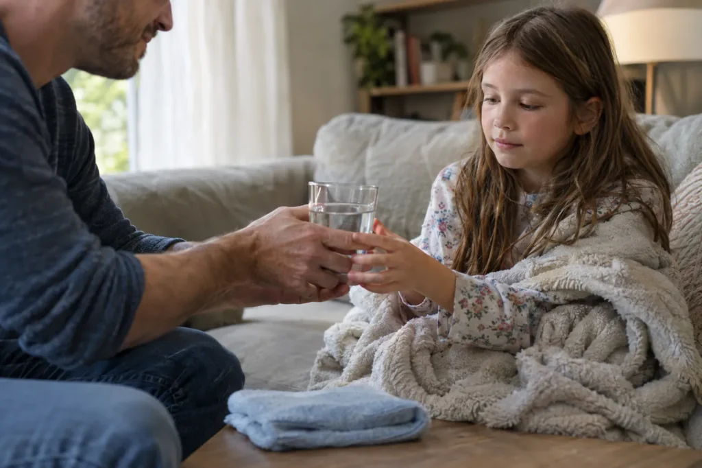 Father handing a glass of water to his daughter wrapped in a light blanket on the sofa
