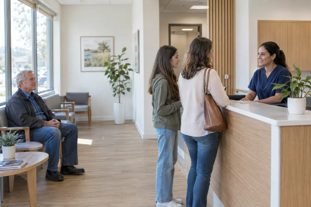 Staff member in navy scrubs greeting a mother and teen daughter in a bright clinic waiting area