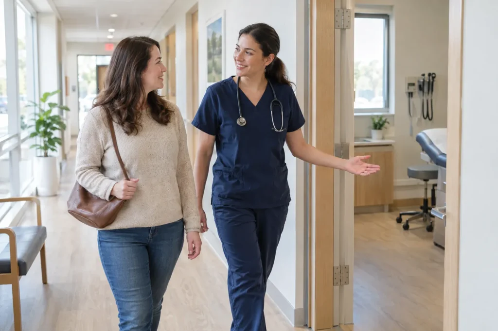 Clinician in navy scrubs walking a woman in her thirties toward an exam room in a bright clinic