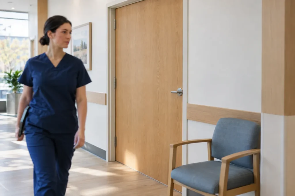 Closed exam room door and an empty chair in a quiet, bright urgent care hallway