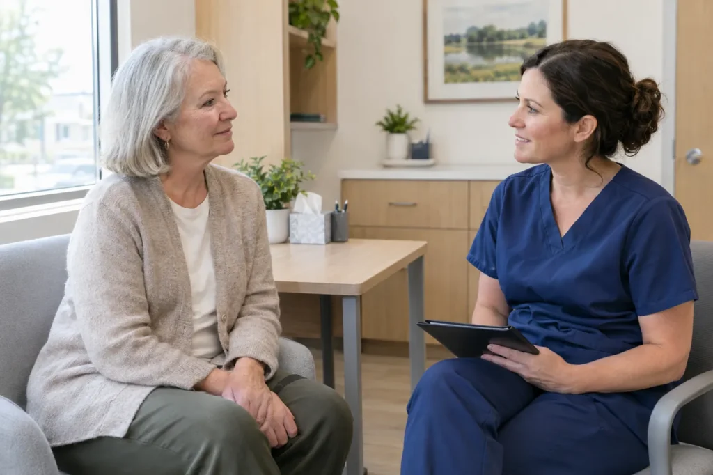 Woman in her sixties talking with a clinician in navy scrubs in a bright consultation room