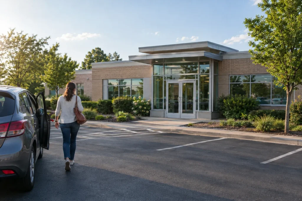 Woman walking from her car to a small suburban medical building in late afternoon sun