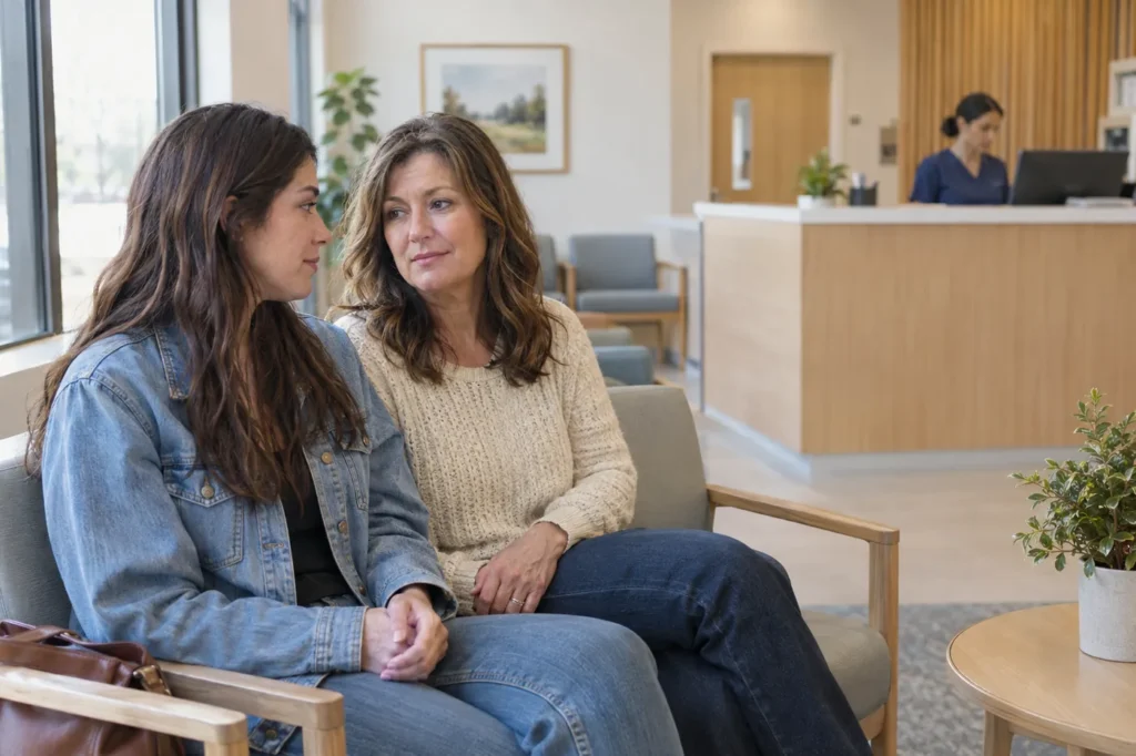 Young woman and her mother talking quietly in the waiting area of a bright urgent care clinic