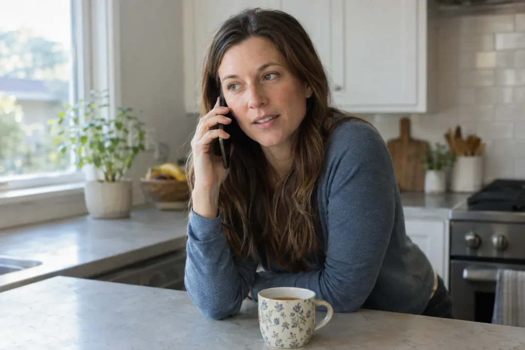 Woman in her kitchen on a phone call, asking a question before a clinic visit