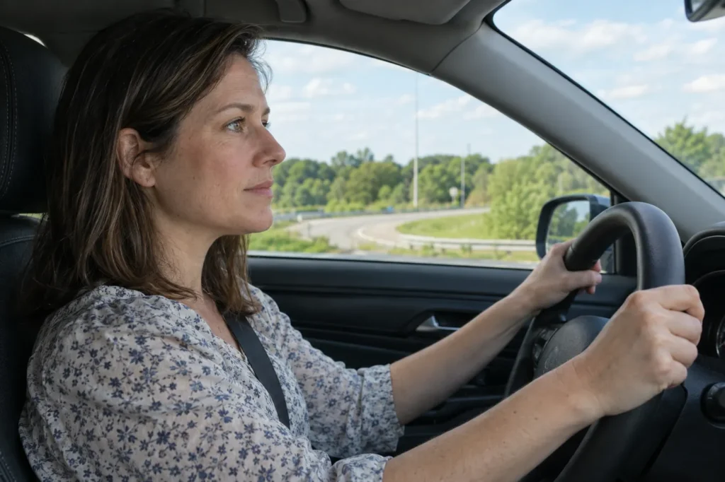 Woman driving calmly on a suburban highway on-ramp in afternoon light