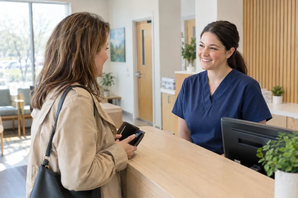 Receptionist in navy scrubs helping a woman with her wallet out at a light oak front desk