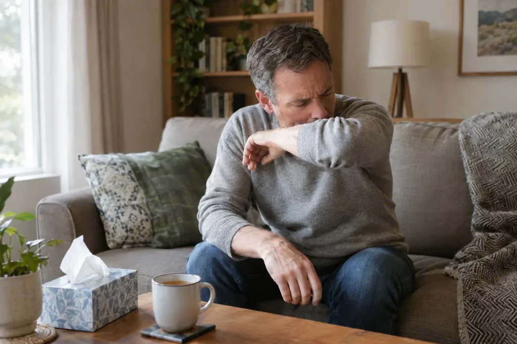Man in a gray sweater coughing into his elbow on a living room sofa at home