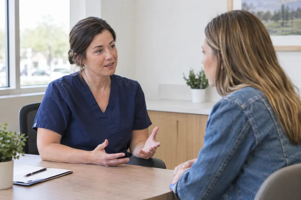 Clinician in navy scrubs explaining a care plan to a young woman at a consultation desk