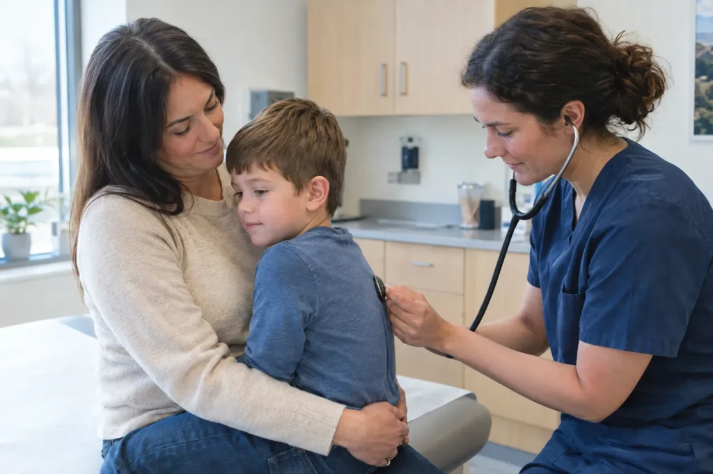 Clinician listening to a young boy's back with a stethoscope while he sits on his mother's lap