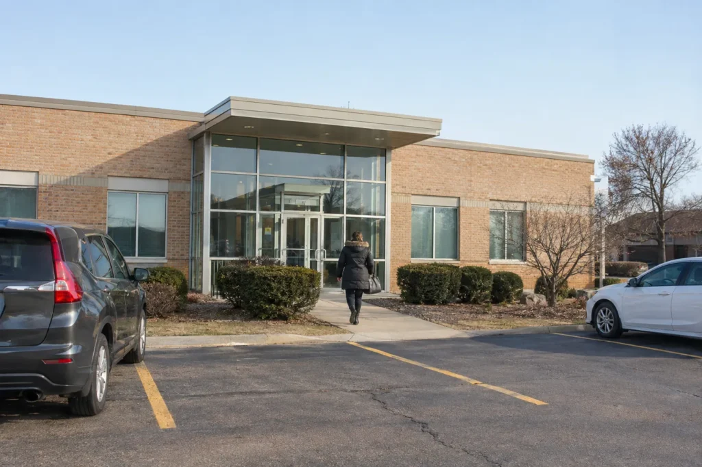 Adult in a winter coat walking across a parking lot toward a small suburban medical building