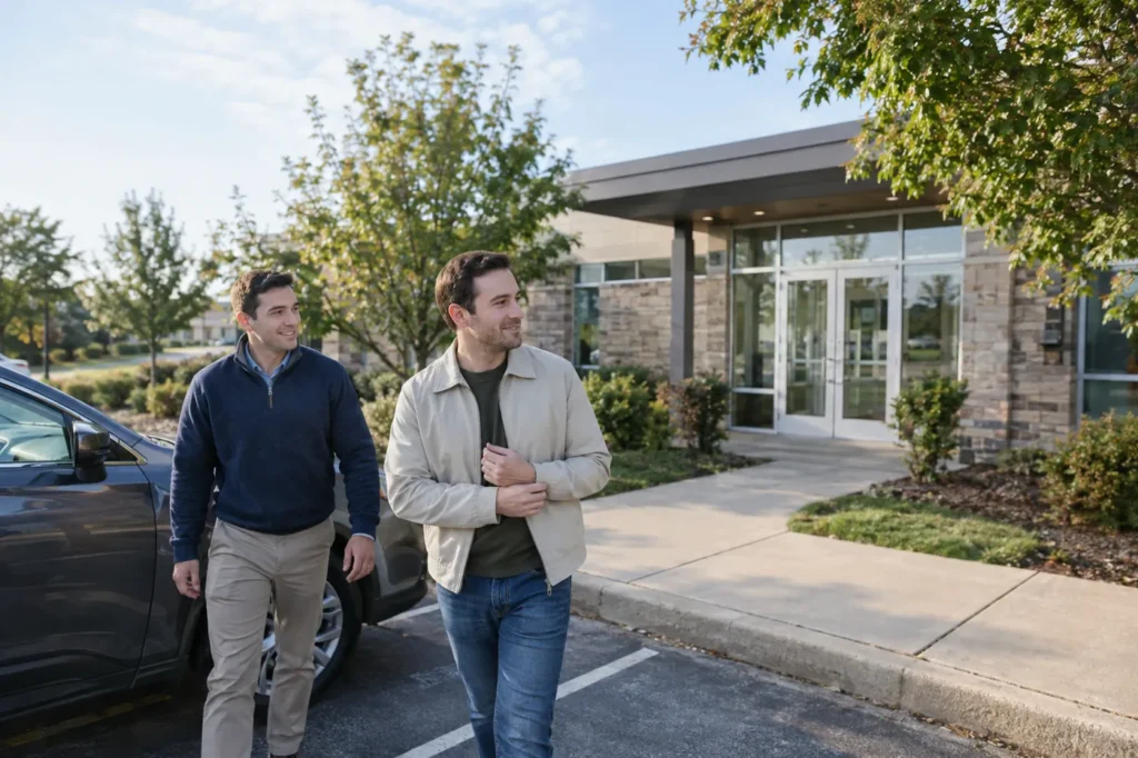 Man holding his sore wrist while a friend walks him from the car to a small suburban clinic