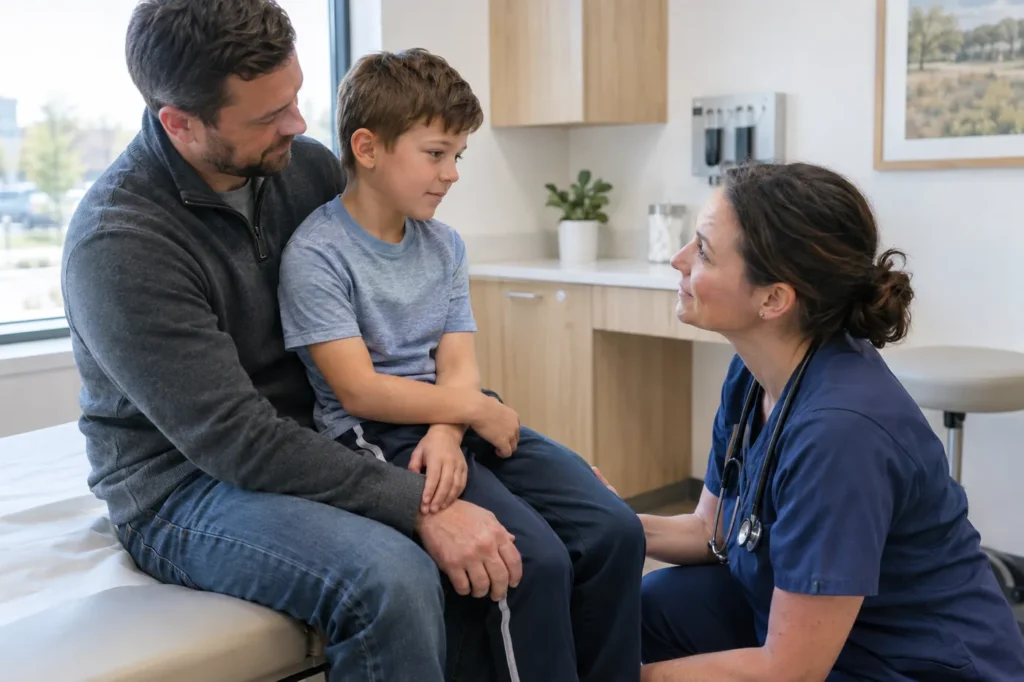 Boy on his father's lap holding his arm as a clinician in navy scrubs kneels to talk with him