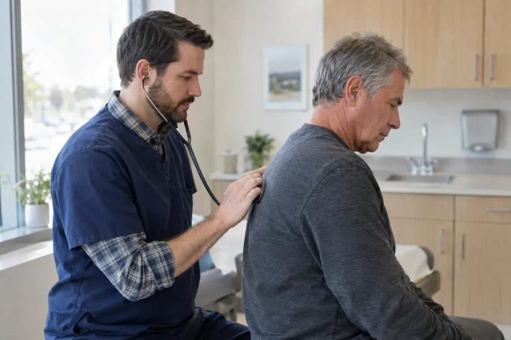 Clinician in navy scrubs listening to an older man's back with a stethoscope over his shirt