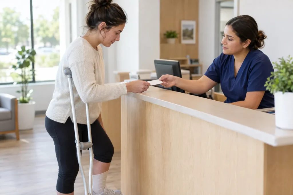 Young woman with a wrapped ankle and a crutch handing a card to a receptionist at the front desk