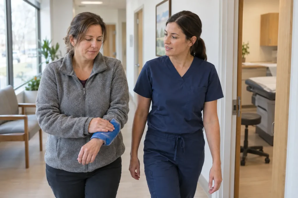 Woman holding a cold pack on her wrist as a clinician in navy scrubs walks her to an exam room