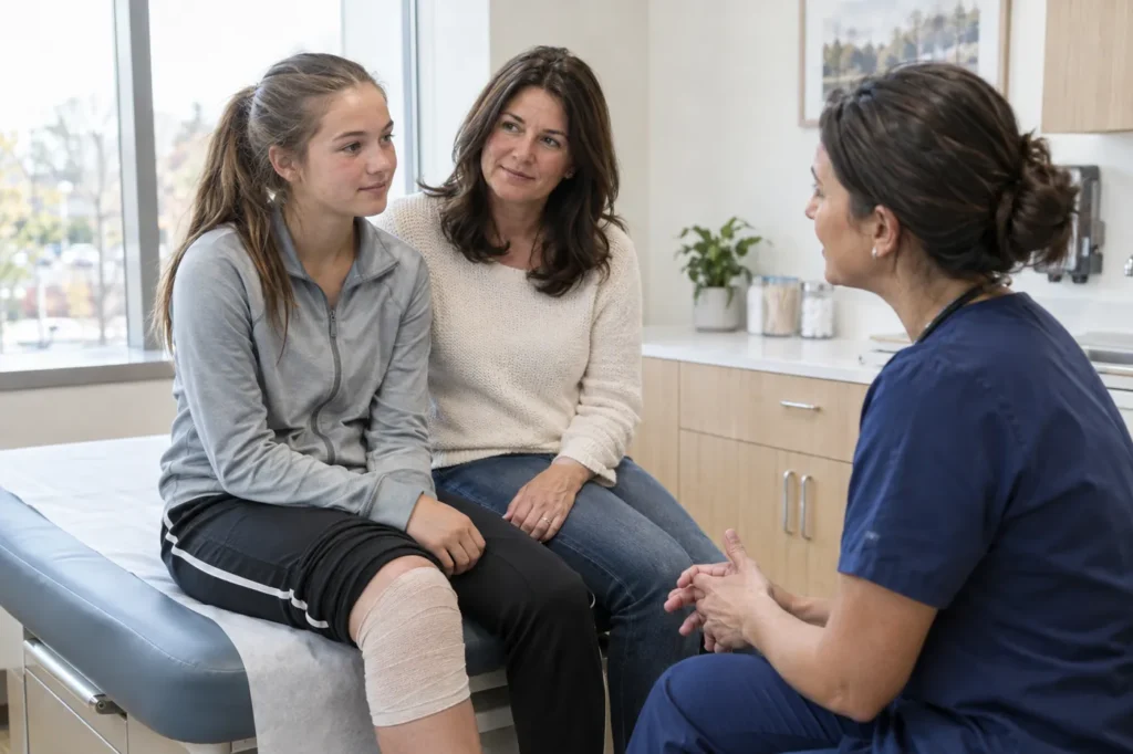Teen athlete with a wrapped knee and her mother talking with a clinician in a bright exam room