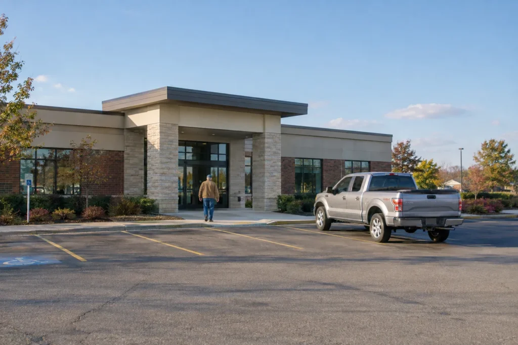 Pickup truck pulling into the parking lot of a small suburban medical building on a clear afternoon