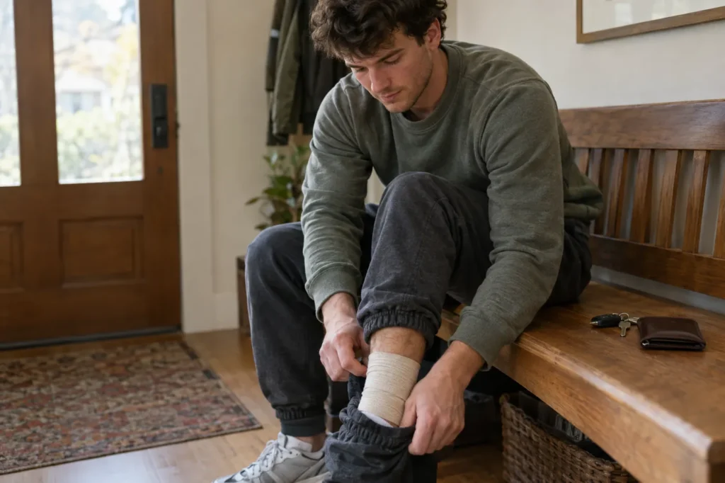 Young man pulling loose pants over a wrapped ankle on a bench at home, keys and wallet beside him