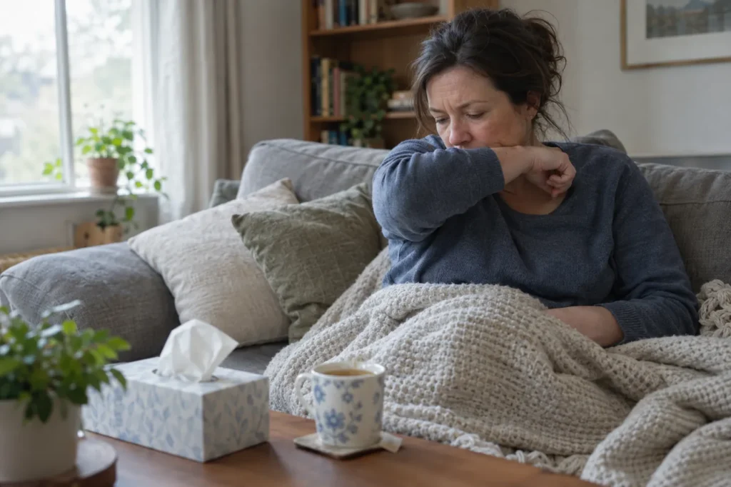 Woman resting on her sofa under a blanket, coughing into her elbow