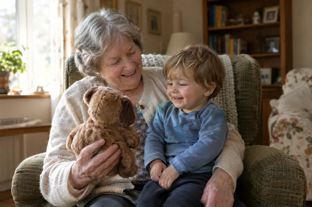 Grandmother in an armchair holding her toddler grandson on her lap