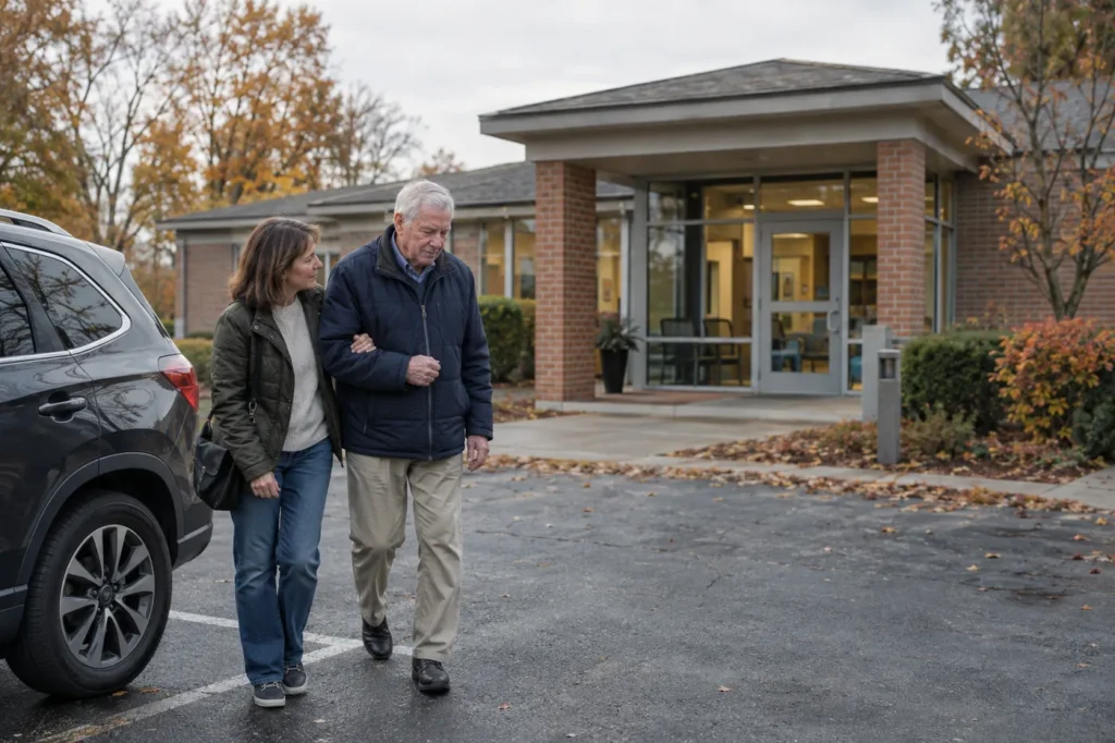 Woman helping her older father walk from the parking lot into a suburban clinic