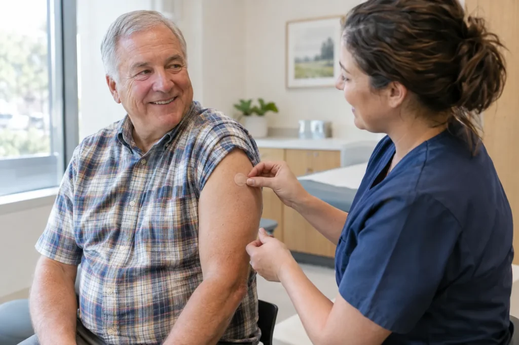Man smiling as a clinician puts a small bandage on his arm after a flu shot
