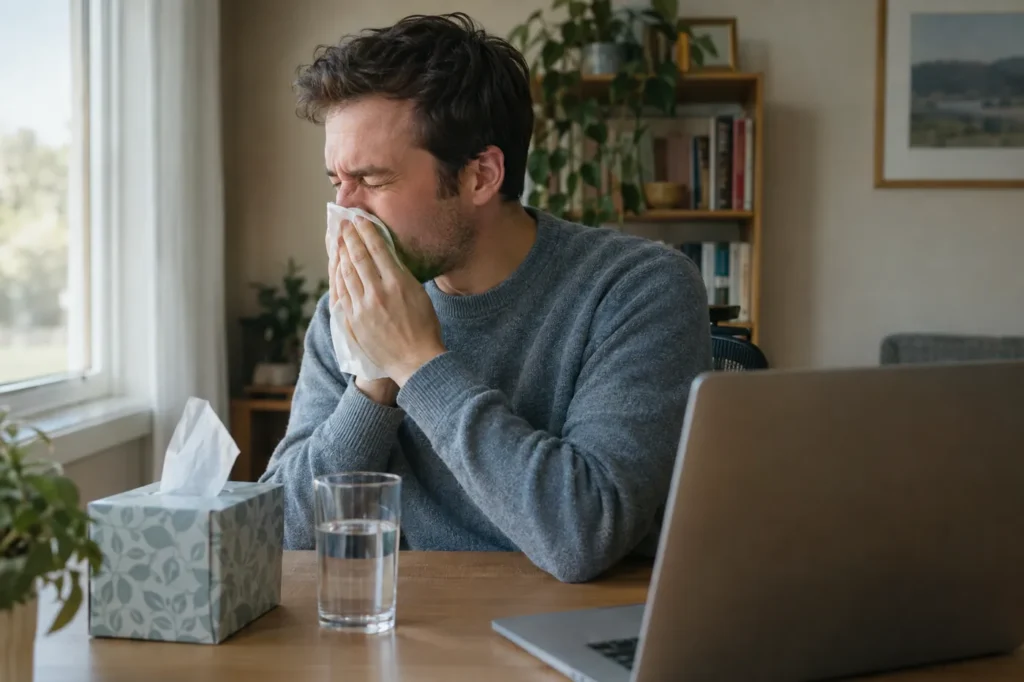 Man at his home desk sneezing into a tissue