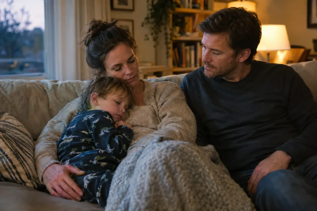 Parents on the sofa with their sleepy preschooler, deciding what to do