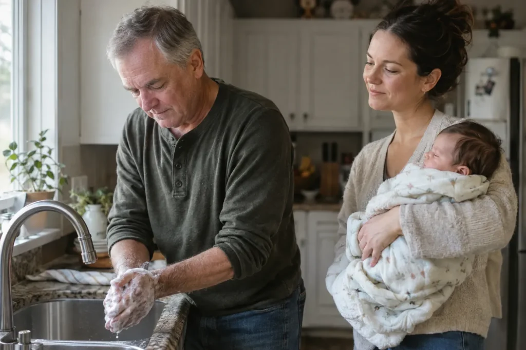 Grandfather washing his hands at the kitchen sink before holding a baby
