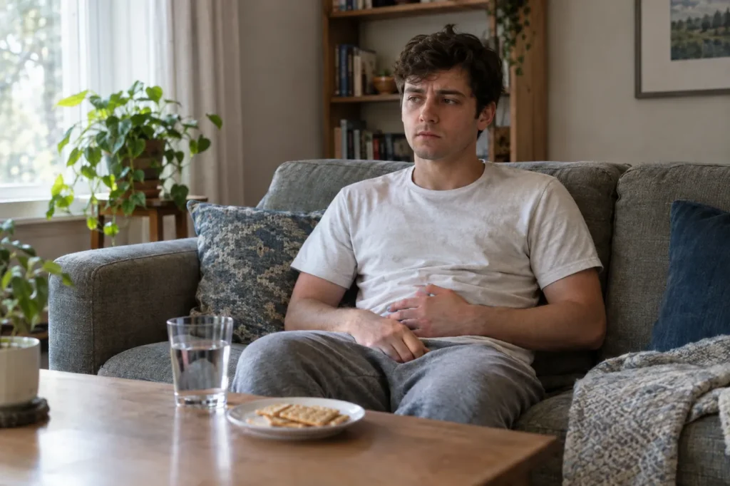 Young man with an upset stomach resting on a sofa with water and plain crackers nearby