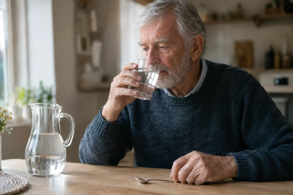 Older man's hands holding a glass of water at a kitchen table while taking small sips