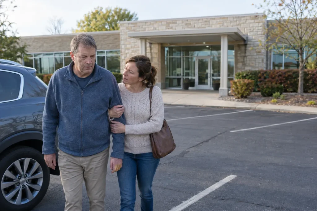 Woman helping her tired husband walk from the parking lot to a small suburban medical building
