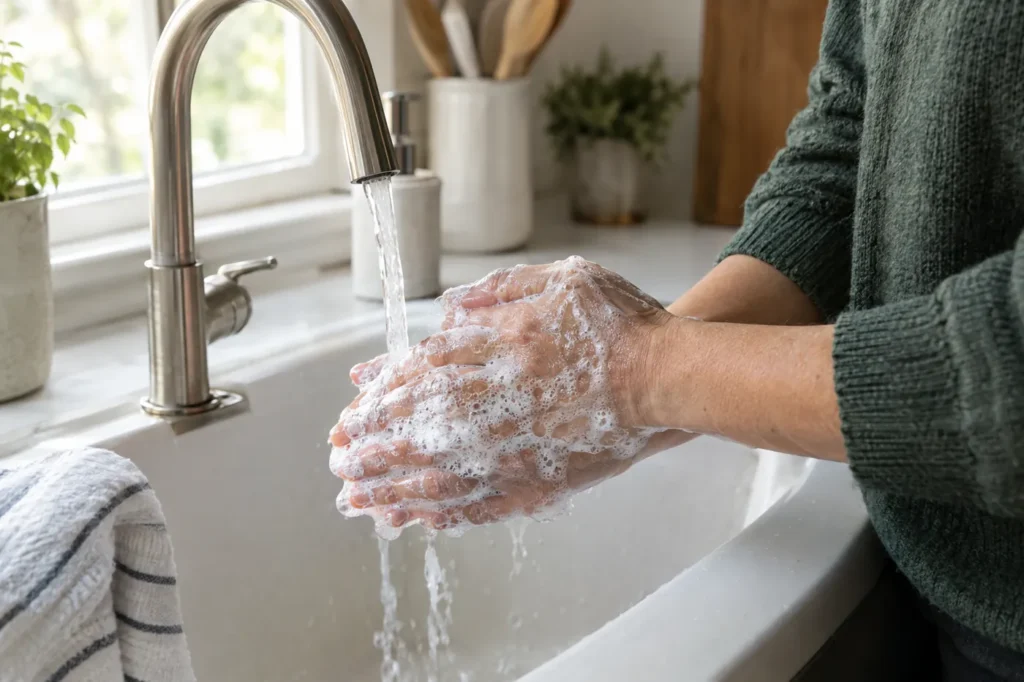 Hands lathered with soap under running water at a kitchen sink