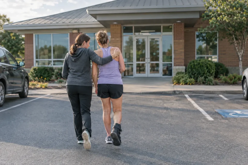 Woman limping into a suburban clinic with a friend supporting her