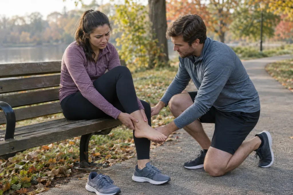 Runner sitting on a park bench holding her ankle as a friend kneels to help