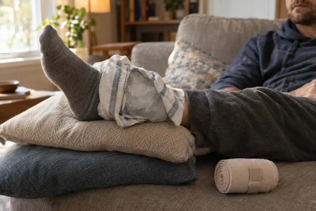 Ankle raised on pillows with a towel-wrapped ice pack on the sofa