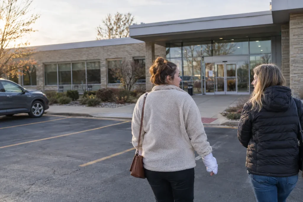 Woman with a towel-wrapped hand walking with a friend toward a small suburban medical building