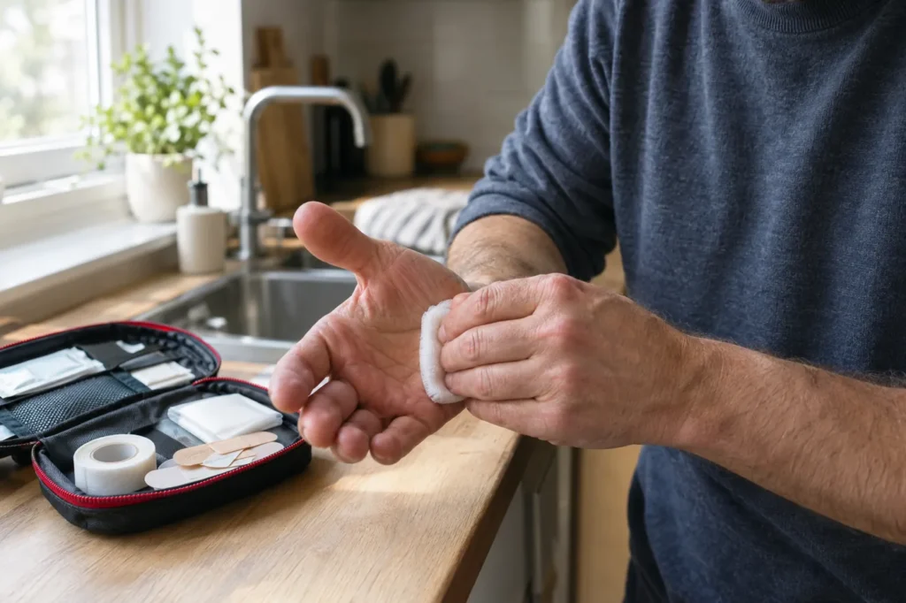 Hands pressing a clean gauze pad on a palm beside an open first aid kit on a kitchen counter