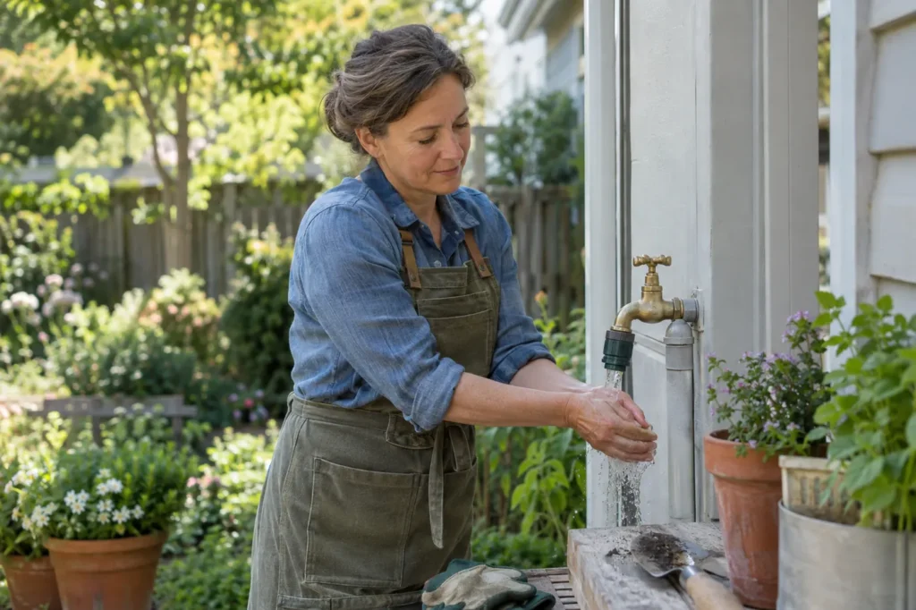 Woman rinsing her hand under an outdoor faucet after gardening, gloves and a trowel nearby