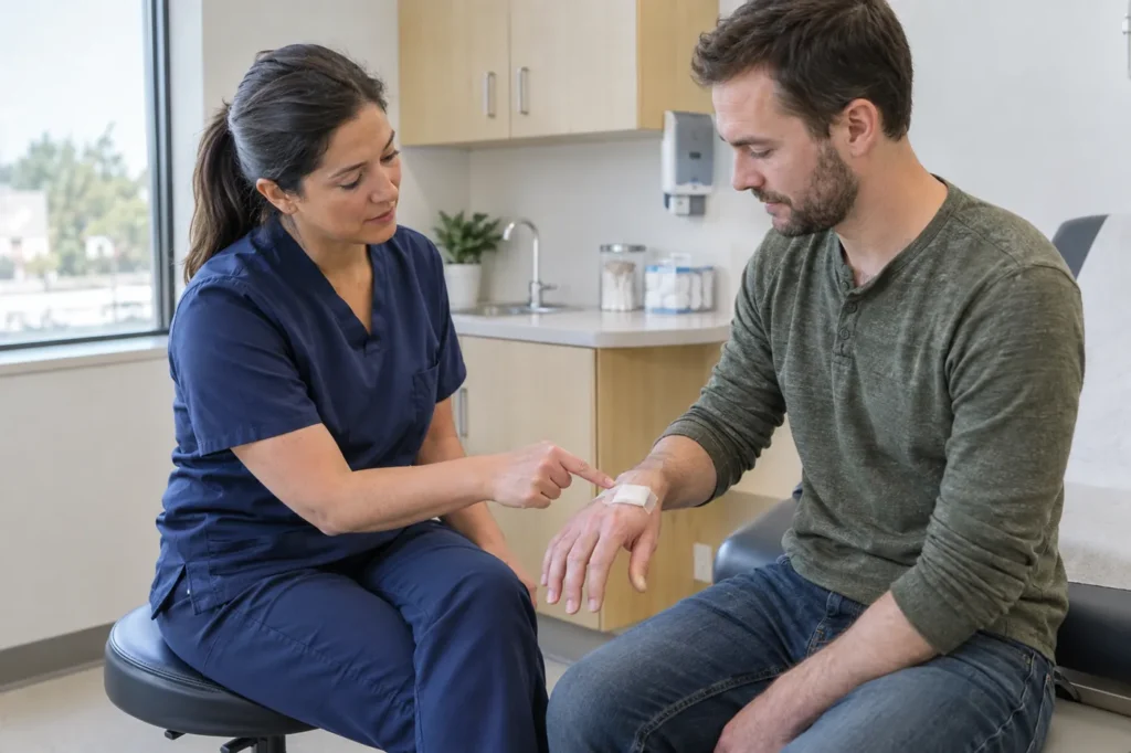 Clinician talking with a man about the clean bandage on the back of his hand