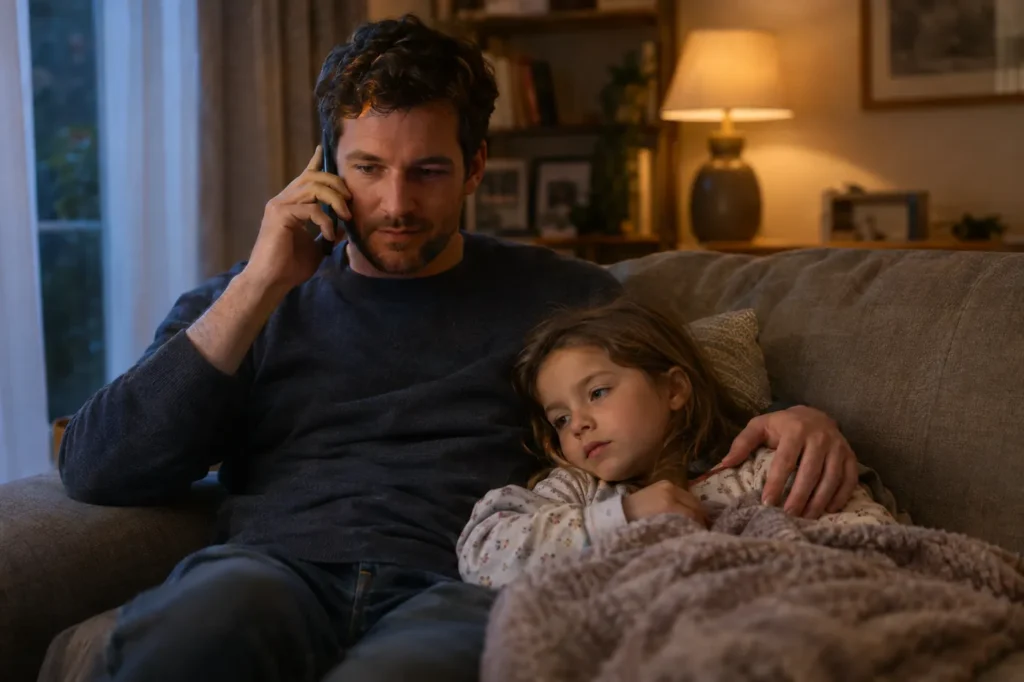Father on the phone beside his young daughter resting on the sofa in the evening