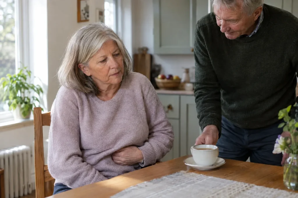 Woman at her kitchen table with a hand on her side as her husband brings tea